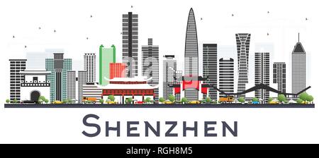 Shenzhen in Cina skyline della città con edifici di colore isolato su bianco. Illustrazione Vettoriale. Viaggi di affari e di turismo con il concetto di architettura moderna. Illustrazione Vettoriale