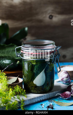 La preparazione di fermentare e vegetariana conserve alimentari, in casa di cetrioli sottaceto nel vasetto di vetro Foto Stock
