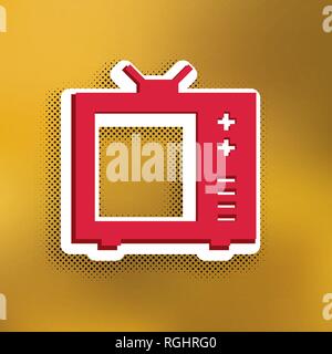 Accesso TV illustrazione. Vettore. Icona Magenta con ombre più scure, adesivo bianco e nero popart ombra su sfondo dorato. Illustrazione Vettoriale