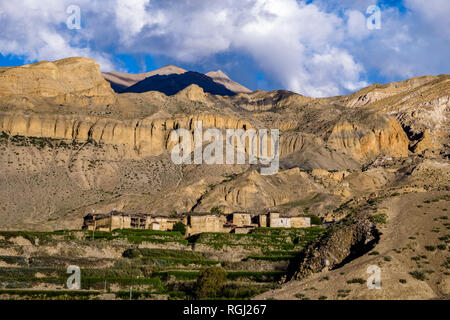 Panoramica vista aerea sulle case e il settore agricolo nei dintorni del villaggio con verdi campi di orzo, colorato ripide pareti rocciose in dista Foto Stock