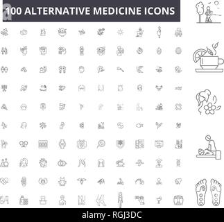 Medicina alternativa linea modificabile icone, 100 set di vettore, raccolta. Medicina alternativa contorno nero illustrazioni, segni, simboli Illustrazione Vettoriale