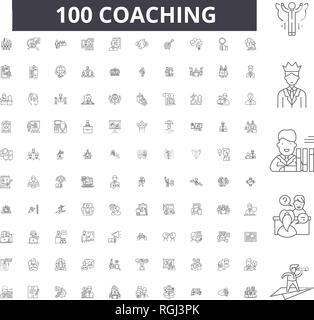Coaching linea modificabile icone, 100 set di vettore, raccolta. Coaching contorno nero illustrazioni, segni, simboli Illustrazione Vettoriale