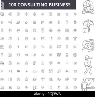 Business Consulting linea modificabile icone, 100 set di vettore, raccolta. Business Consulting contorno nero illustrazioni, segni, simboli Illustrazione Vettoriale