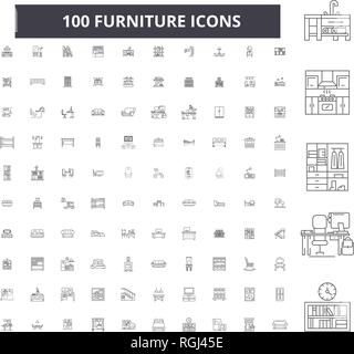 Arredamento linea modificabile icone, 100 set di vettore, raccolta. Mobilio contorno nero illustrazioni, segni, simboli Illustrazione Vettoriale