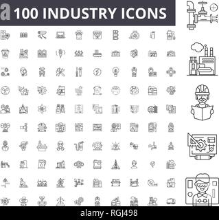 Industria linea modificabile icone, 100 set di vettore, raccolta. Industria profilo nero illustrazioni, segni, simboli Illustrazione Vettoriale