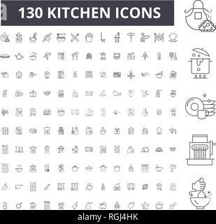 Cucina linea modificabile icone, 100 set di vettore, raccolta. Cucina contorno nero illustrazioni, segni, simboli Illustrazione Vettoriale
