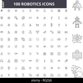 Robotics linea modificabile icone, 100 set di vettore, raccolta. Robotics contorno nero illustrazioni, segni, simboli Illustrazione Vettoriale