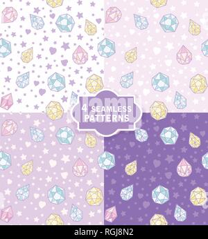 Disegnato a mano vettore seamless pattern con graziosi cristalli magici in 4 colori. Illustrazione Vettoriale