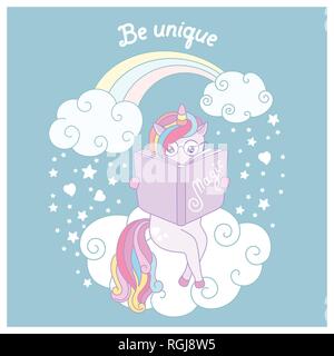 Disegnato a mano vettore cartoon card con graziosi unicorn. Illustrazione Vettoriale