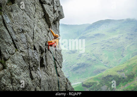 Regno Unito, Lake District, Langdale Valley, Gimmer roccioso, scalatore sulla roccia Foto Stock