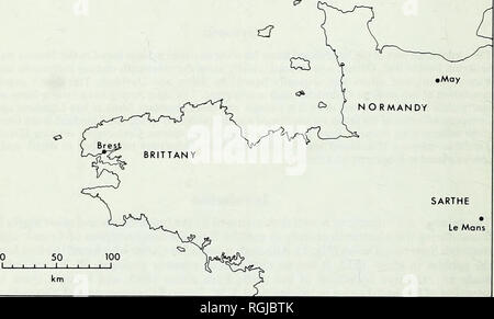 . Bollettino del Museo Britannico di storia naturale). . SARTHE Le Mans Fig. 1 località mappa che mostra le relative attuali posizioni di Budleigh Salterton, Devon, gorran haven, la Cornovaglia e la penisola Armorican, Francia. possiede la più grande, e indubbiamente la più importante collezione di brachiopodi dalla zona che non è stato riesaminato criticamente per un secolo. Il presente documento riguarda solo il Ordovician parte della fauna; Devoniano brachiopodi costituirà il tema di una successiva pubblicazione. Davidson, in una successiva revisione (1880: 339), realizzate anche che ci sono stati due set Foto Stock