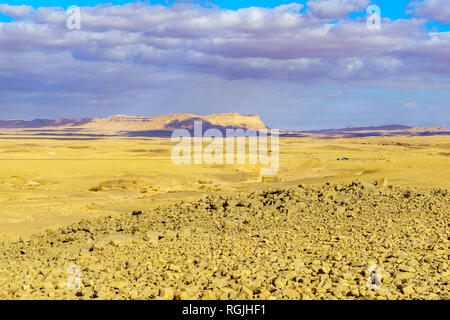 Vista delle formazioni rocciose nel sito di falegnameria, parte di Makhtesh (Cratere) Ramon, nel deserto del Negev, Israele sud Foto Stock