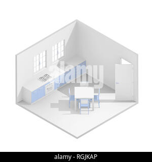 3D rendering isometrica illustrazione di blu arredata cucina domestica Foto Stock