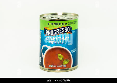 ST. PAUL, MN/STATI UNITI D'America - 27 gennaio 2019: Progresso di pomodoro zuppa di basilico e logo del marchio. Foto Stock