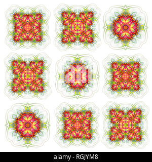 Carta da parati senza giunture con configurazione astratta. verde rosso ornamento geometrico piastrelle isolati su sfondo bianco Foto Stock