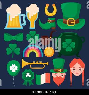 Leprechaun hat con set di icone illustrazione vettoriale design Illustrazione Vettoriale