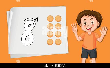 Ragazzo con numero otto fogli di lavoro di tastatura illustrazione Illustrazione Vettoriale