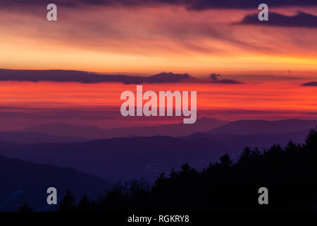 Alberi sagome contro un colore bellissimo cielo al tramonto, con montagne di strati in background Foto Stock