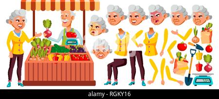 Asian vecchia donna vettore. Senior persona ritratto. Le persone anziane. Età. Creazione di animazione Set. Ortaggi ecologici, Mercato. Le emozioni e i gesti Illustrazione Vettoriale