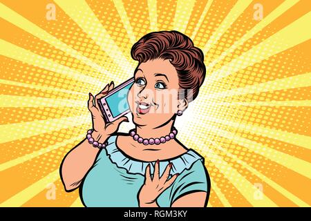 Donna di mezza età parlando al telefono. Fumetto cartoon arte pop retrò illustrazione vettoriale disegno a mano Illustrazione Vettoriale