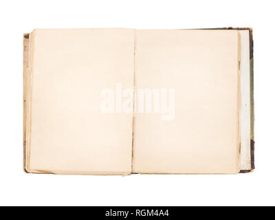 Vecchio libro aperto con pagine vuote. Isolato su bianco Foto Stock