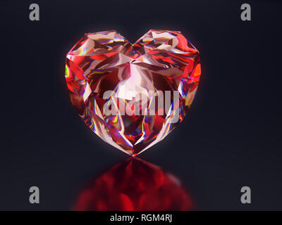 3D render di lucido diamante rosso cuore su sfondo nero Foto Stock