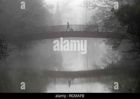 Chippenham, Wiltshire, Regno Unito. Il 30 gennaio, 2019. Come la neve e il gelo nebbia continua a interessare molte parti del Regno Unito, una donna è raffigurato attraversando un ponte sul fiume Avon in Chippenham, Wiltshire. Meteorologi predire che la Gran Bretagna si affaccia 'molto significativa nevicata' questa settimana. Credito: Lynchpics/Alamy Live News Foto Stock