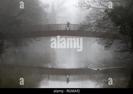 Chippenham, Wiltshire, Regno Unito. Il 30 gennaio, 2019. Come la neve e il gelo nebbia continua a interessare molte parti del Regno Unito, una donna è raffigurato attraversando un ponte sul fiume Avon in Chippenham, Wiltshire. Meteorologi predire che la Gran Bretagna si affaccia 'molto significativa nevicata' questa settimana. Credito: Lynchpics/Alamy Live News Foto Stock