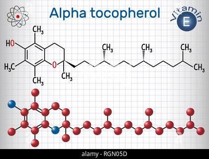 Alfa tocoferolo (vitamina E) molecola. Formula chimica di struttura e la molecola modello. Foglio di carta in una gabbia. Illustrazione Vettoriale Illustrazione Vettoriale