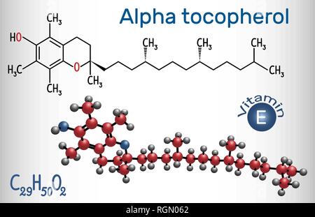 Alfa tocoferolo (vitamina E) molecola. Formula chimica di struttura e la molecola modello. Illustrazione Vettoriale Illustrazione Vettoriale