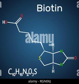 La biotina (vitamina B7). Formula chimica di struttura e modello di molecola su sfondo blu scuro. Illustrazione Vettoriale Illustrazione Vettoriale