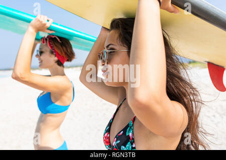 Gli amici di andare a fare surf, portando le tavole da surf sulla parte superiore delle teste Foto Stock