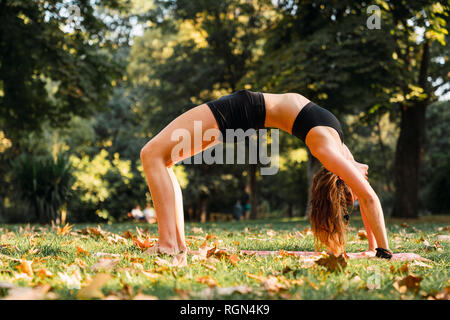 Montare la giovane donna a praticare yoga in un parco Foto Stock