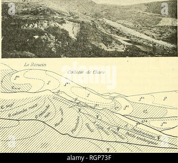 . Bulletin de la SociÃ©tÃ© gÃ©ologique de France. La geologia. 59Â° annuncio. GUEBHARD plus en plus calcaires et finalement siliceux, comme on peut le voir au bord de la route, dans un bloc Ã grosses Ostrea columba, un peu avant le pont de La Gourguette (fig. 55), auprÃ¨s d'une petite voussure anticlinale bien marquÃ©e.. Fig. 54. Â Ravins de La Collette de Clars, utenti virtuali du km. i3. La Collette de Clars ; gisements crÃ©tacÃ©s. Â A l'entrÃ©e d'une petite tranchÃ©e prÃ©cÃ©dant deux ponts, marquÃ©s l'ONU par le km. 1/4, l'autre par la placca d'altitudine 1082, voici, enfin, le cÃ©lÃ¨gise bre- ment albien oÃ¹ l'su Foto Stock