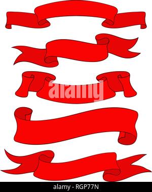 Nastro rosso banner. Set di coclee piatta Illustrazione Vettoriale