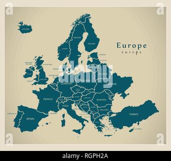 Mappa moderno - Europa con i paesi e le etichette Illustrazione Vettoriale