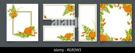 Set di card con fiore rosa, rosa canina, felce, foglie. Ornamento nuziale concetto. Poster floreali, invitare. Vector decorativi della scheda Messaggi di saluto, desi invito Illustrazione Vettoriale