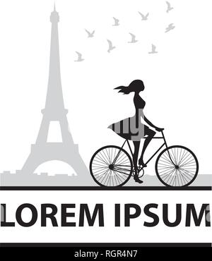 Giovane donna Bicicletta Equitazione con torre Eiffel in dietro Illustrazione Vettoriale