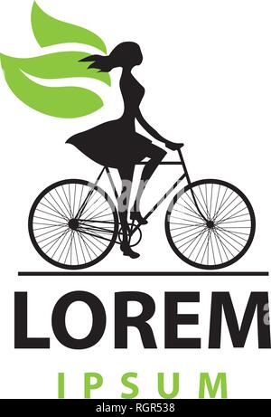 Donna con foglie verdi ali, equitazione Bicicletta, l'icona del logo Illustrazione Vettoriale