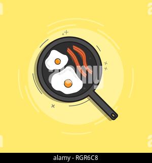 Concetto di colazione. Appetitosa colazione deliziosa, uova fritte con pancetta affumicata in una padella. Illustrazione Vettoriale design piatto. Illustrazione Vettoriale