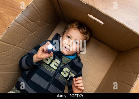 Bambino con la torcia elettrica all'interno di una scatola di cartone e l'espressione di sorpresa. Foto Stock