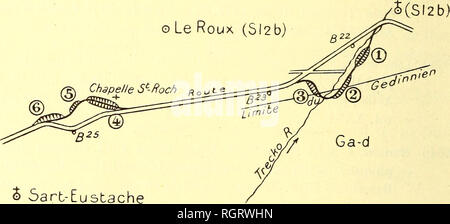 . Bulletin de la SociÃ©tÃ© belge de gÃ©ologie, de palÃ©ontologie et d'hydrologie. Geologia e Paleontologia. ^80 PROCÃS-VERBAUX. Communications des membres. A. Lassine. Â colpo Åil sur les tranchÃ©es du nouveau chemin de fer entre vicinali Fosses et GhÃ¢telet. Cette ligne suit en grande partie la route de l'Ãtat et doit desservir les Villaggi intermÃ©diaires de Vitrival, Le Roux, Sart-Eustaclie et PrÃ¨s les. Il Prà¨s de Vitrival, au droit de la borne kilomÃ©trique 22 de cette route, le nouveau passe vicinali â sur la rive droite d'onu petit ruisseau, le Ã¯recko â dans la tranchÃ©e (1), creusÃ©e dans le Foto Stock