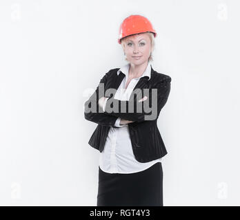 Ritratto di un architetto femmina con documenti.isolato su bianco Foto Stock