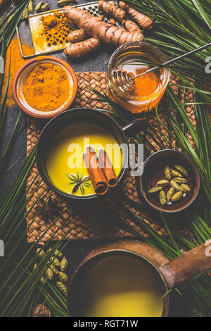 Un sano curcuma latte bevanda fatta con la curcuma radici , spezie e miele. Inverno caldo bevanda. Immune boosting remedy , detox e concetto di dieta Foto Stock