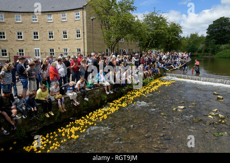 Una folla di gente che guardare la gara d'anatra in Bakewell Derbyshire Inghilterra Foto Stock