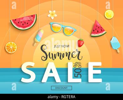 Estate Vendita banner con frutta, gelato, cocomero, arancio, bicchieri, le fragole. Modello di sconto card con sfondo geometrico con Sun e se Illustrazione Vettoriale