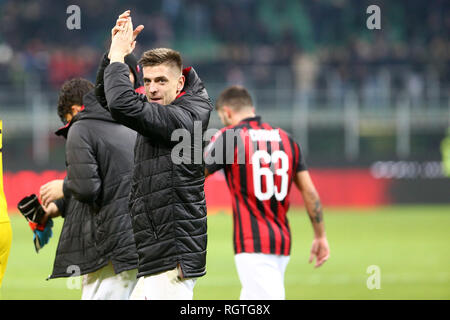 Milano, Italia. Il 29 gennaio, 2019. Krzysztof Piatek del Milan in azione durante la Coppa Italia quarti di finale partita di calcio tra AC Milano un Foto Stock