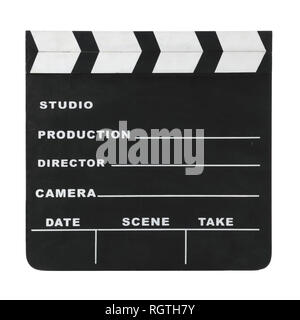 Classic hollywood chalk clapperboard isolato su uno sfondo bianco con tracciato di ritaglio Foto Stock