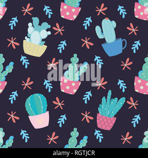 Modello senza cuciture con grazioso e luminoso cartoon cactus piante e fiori su sfondo scuro Foto Stock