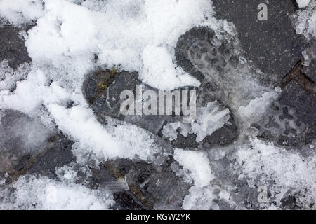 Orme di pedoni di neve bagnata / nevischio sulla pavimentazione sdrucciolevole / marciapiede pericoloso in inverno Foto Stock
